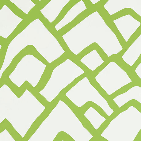 Zimba Lawn by Schumacher - graphic green and white hand-printed wallpaper with abstract geometric pattern