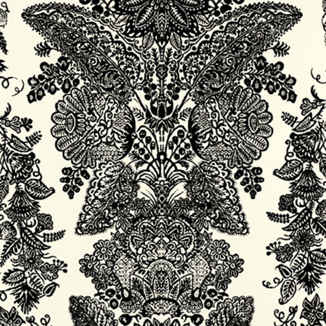 Lace wallpaper in black and ivory with intricate hand screen printed damask pattern by Schumacher