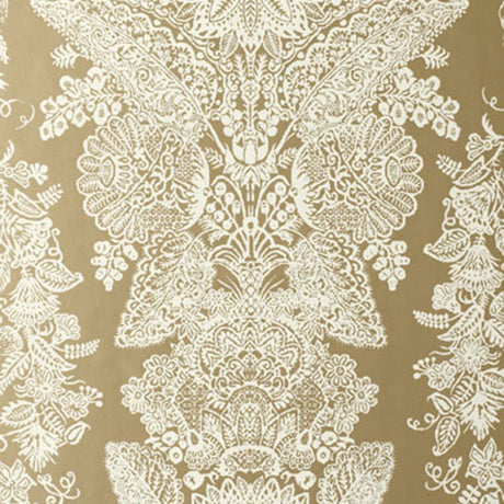 Champagne lace damask wallpaper with intricate hand screen printed pattern by Schumacher.