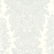 Lace Cirrus wallpaper by Schumacher featuring an intricate damask lace pattern in soft white and grey tones.