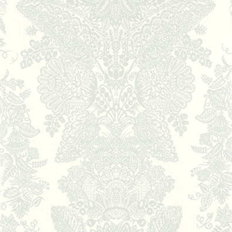 Lace Cirrus wallpaper by Schumacher featuring an intricate damask lace pattern in soft white and grey tones.