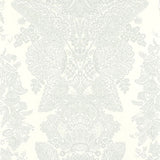 Lace Cirrus wallpaper by Schumacher featuring an intricate damask lace pattern in soft white and grey tones.
