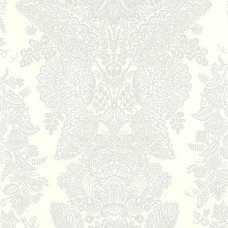 Lace Cirrus wallpaper by Schumacher featuring an intricate damask lace pattern in soft white and grey tones.