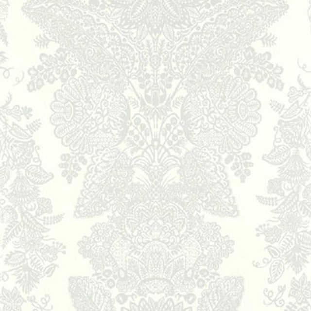 Lace Cirrus wallpaper by Schumacher featuring an intricate damask lace pattern in soft white and grey tones.