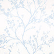Twiggy Sky wallpaper by Schumacher features delicate blue flowering branches silhouetted against a white background, creating a serene and airy look.
