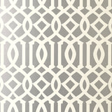 Imperial Trellis wallpaper by Schumacher in a silver geometric trellis pattern, designed by Kelly Wearstler, shown in interior settings.