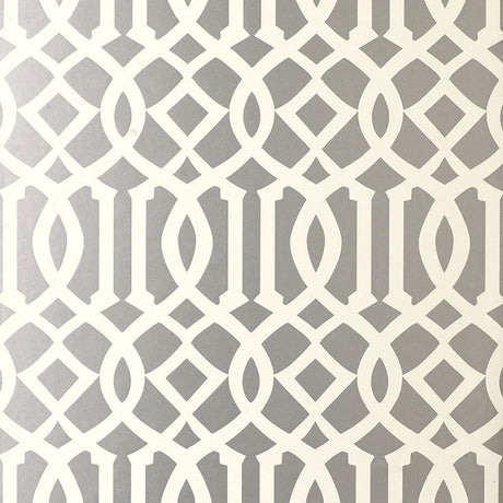 Imperial Trellis wallpaper by Schumacher in a silver geometric trellis pattern, designed by Kelly Wearstler, shown in interior settings.