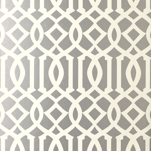Imperial Trellis wallpaper by Schumacher in a silver geometric trellis pattern, designed by Kelly Wearstler, shown in interior settings.