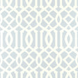 Imperial Trellis Soft Aqua by Kelly Wearstler for Schumacher - geometric trellis pattern wallpaper in a serene blue and white colorway, styled in a bedroom interior.