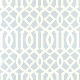 Imperial Trellis Soft Aqua by Kelly Wearstler for Schumacher - geometric trellis pattern wallpaper in a serene blue and white colorway, styled in a bedroom interior.