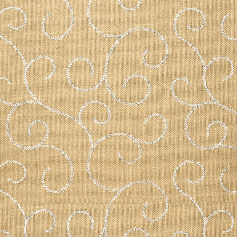 Adhafera Scroll wallpaper in Straw by Schumacher, handcrafted scroll pattern on paper wallcovering.