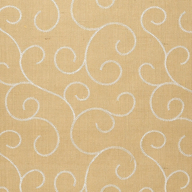 Adhafera Scroll wallpaper in Straw by Schumacher, handcrafted scroll pattern on paper wallcovering.