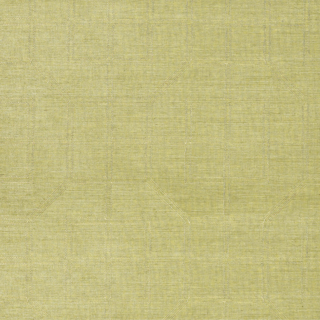 Linyi Embroidered Fret Sisal in Celery, handcrafted wallcovering with geometric embroidered pattern, by Schumacher.