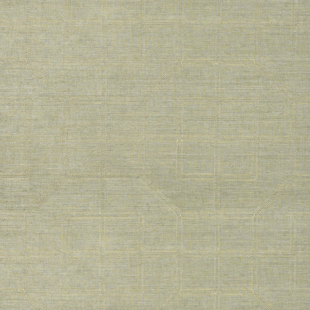 Linyi Embroidered Fret Sisal wallpaper in Mist colorway, handcrafted geometric pattern by Schumacher