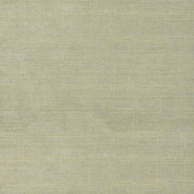 Linyi Embroidered Fret Sisal wallpaper in Mist colorway, handcrafted geometric pattern by Schumacher