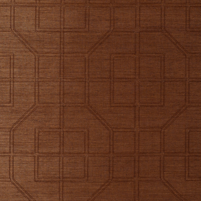 Linyi Embroidered Fret Sisal in Chestnut, handcrafted wallcovering with geometric fretwork pattern and sisal texture.