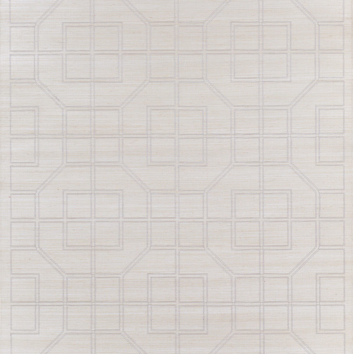 Linyi Embroidered Fret Sisal wallpaper in Natural Shimmer, featuring a grid of squares and octagons stitched on a sisal ground.