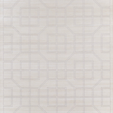 Linyi Embroidered Fret Sisal wallpaper in Natural Shimmer, featuring a grid of squares and octagons stitched on a sisal ground.