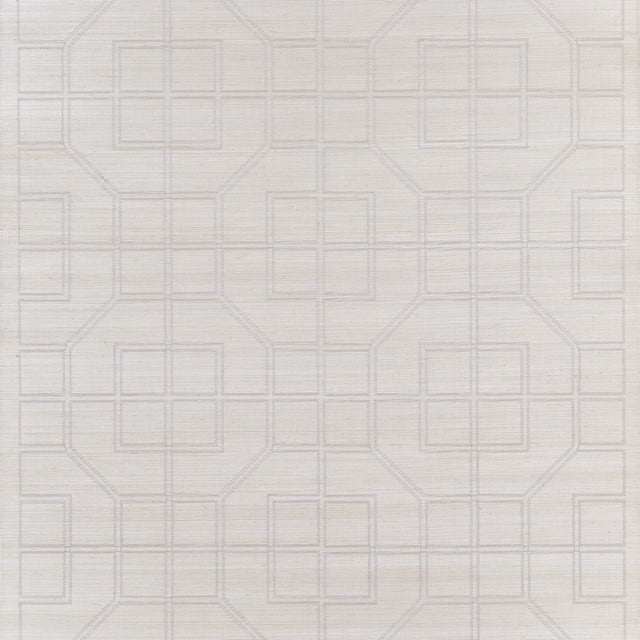 Linyi Embroidered Fret Sisal wallpaper in Natural Shimmer, featuring a grid of squares and octagons stitched on a sisal ground.