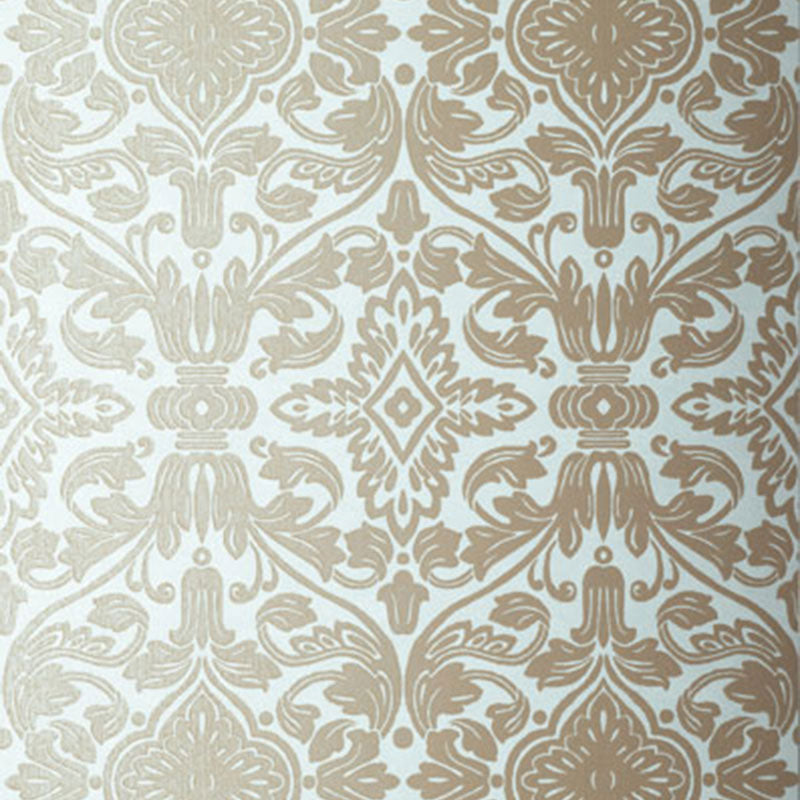 Varenna Damask wallpaper in Robin's Egg by Schumacher, featuring a classic damask pattern in beige and blue tones.