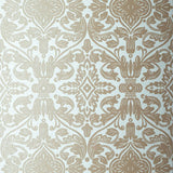 Varenna Damask wallpaper in Robin's Egg by Schumacher, featuring a classic damask pattern in beige and blue tones.