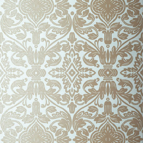 Varenna Damask wallpaper in Robin's Egg by Schumacher, featuring a classic damask pattern in beige and blue tones.
