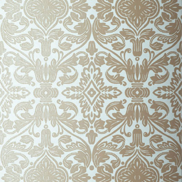 Varenna Damask wallpaper in Robin's Egg by Schumacher, featuring a classic damask pattern in beige and blue tones.