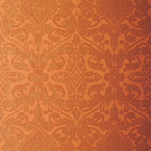 Varenna Damask terracotta damask patterned wallpaper by Schumacher