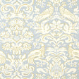 Aldwyn Damask wallpaper in Robin's Egg blue and cream with a classic damask pattern featuring birds and floral motifs.