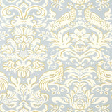 Aldwyn Damask wallpaper in Robin's Egg blue and cream with a classic damask pattern featuring birds and floral motifs.