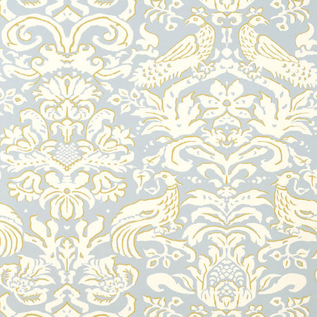Aldwyn Damask wallpaper in Robin's Egg blue and cream with a classic damask pattern featuring birds and floral motifs.