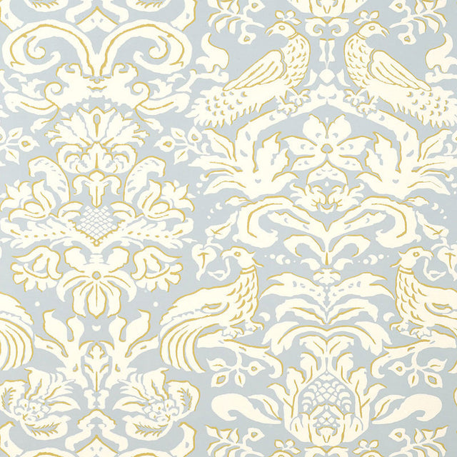 Aldwyn Damask wallpaper in Robin's Egg blue and cream with a classic damask pattern featuring birds and floral motifs.