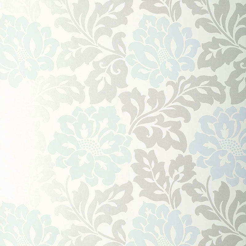 Saraceno Damask wallpaper in aquamarine with a large-scale damask floral pattern by Schumacher.