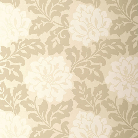 Saraceno Damask wallpaper in Topaz by Schumacher, featuring a large-scale damask floral pattern in beige and cream tones.