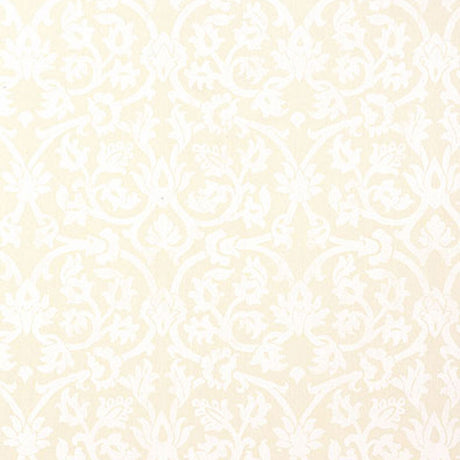 PELLARO Bone damask wallpaper from the PALAZZO collection by Schumacher, shown in a subtle cream and white pattern.