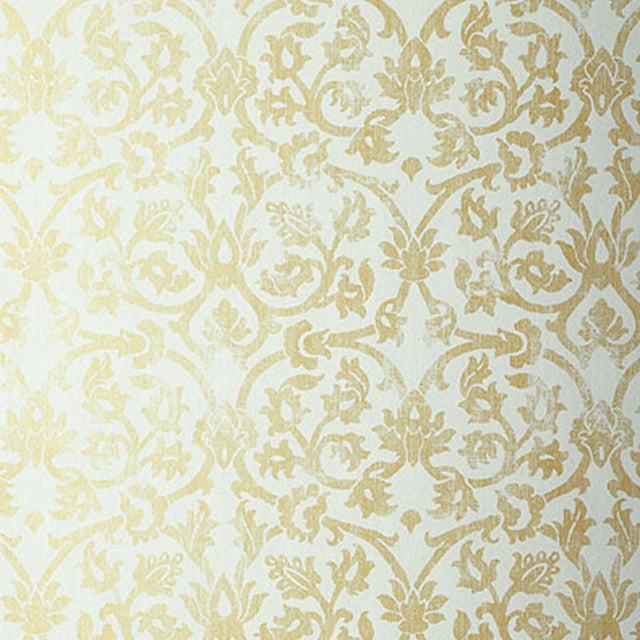 PELLARO Aqua damask wallpaper by Schumacher, elegant gold and aqua pattern