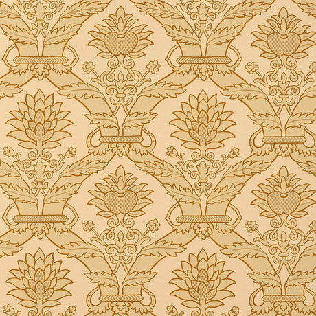 Siena Damask wallpaper in a natural colorway featuring a classic damask floral pattern by Schumacher.