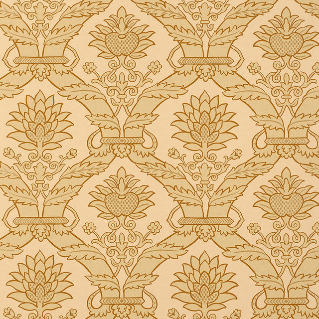 Siena Damask wallpaper in a natural colorway featuring a classic damask floral pattern by Schumacher.