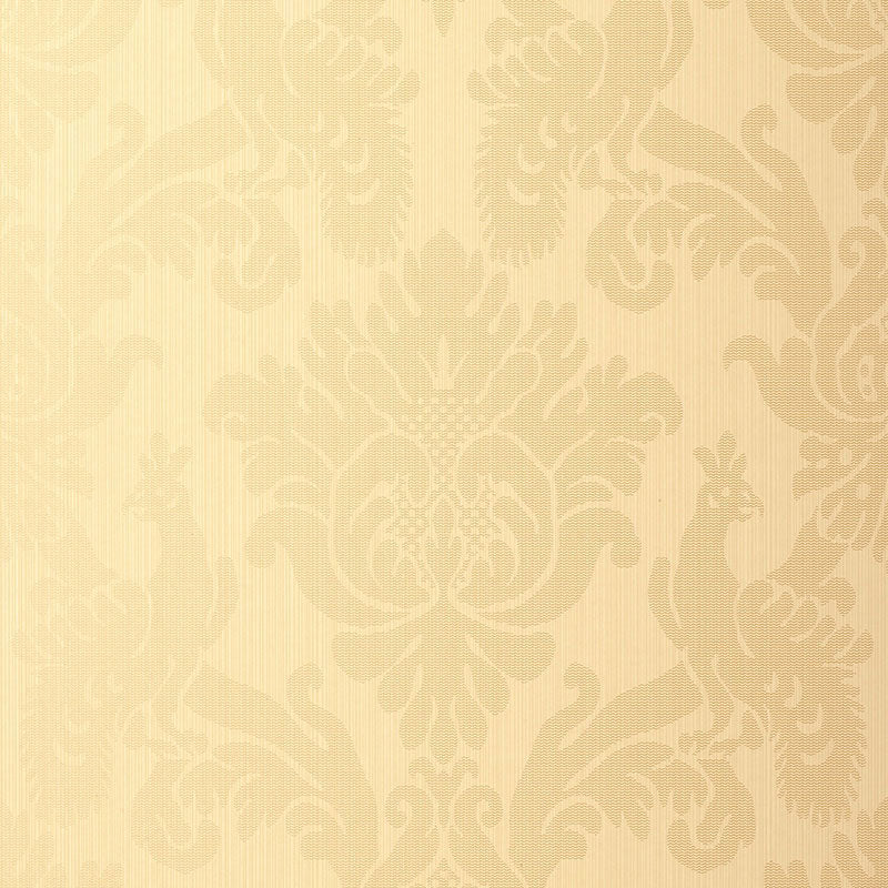 Valette Strie Damask wallpaper in champagne color with a classic damask pattern by Schumacher.