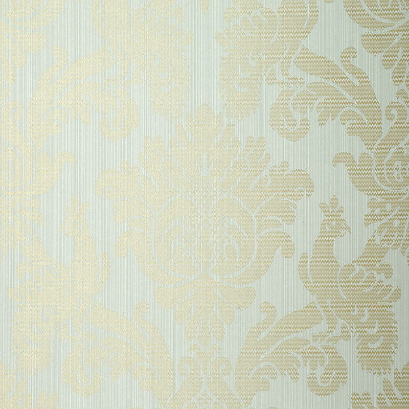 Valette Strie Damask wallpaper in Robin's Egg by Schumacher, featuring a classic damask pattern with subtle strie texture.
