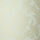 Valette Strie Damask wallpaper in Robin's Egg by Schumacher, featuring a classic damask pattern with subtle strie texture.