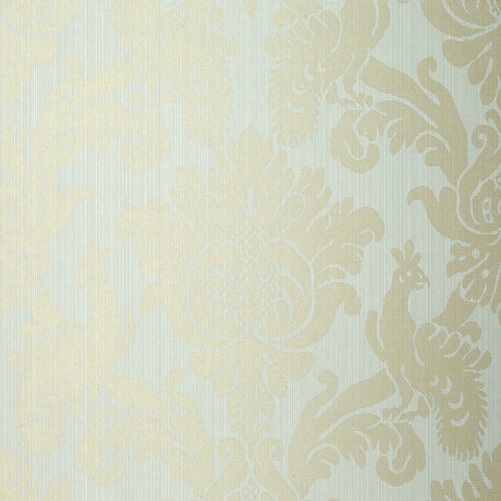 Valette Strie Damask wallpaper in Robin's Egg by Schumacher, featuring a classic damask pattern with subtle strie texture.