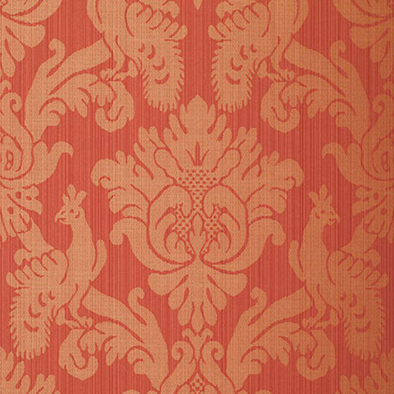 Valette Strie Damask wallpaper in garnet red with a classic damask pattern by Schumacher