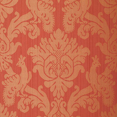 Valette Strie Damask wallpaper in garnet red with a classic damask pattern by Schumacher