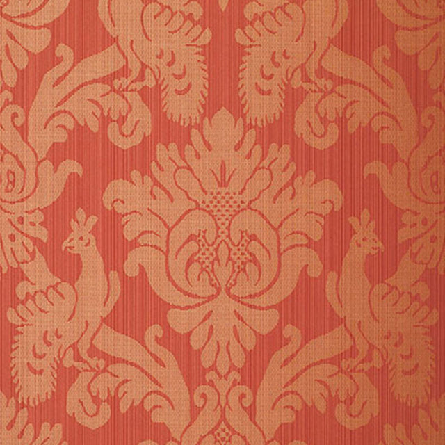 Valette Strie Damask wallpaper in garnet red with a classic damask pattern by Schumacher