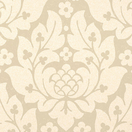 Fiore Damask Linen wallpaper by Schumacher, featuring a classic damask floral pattern in neutral tones.
