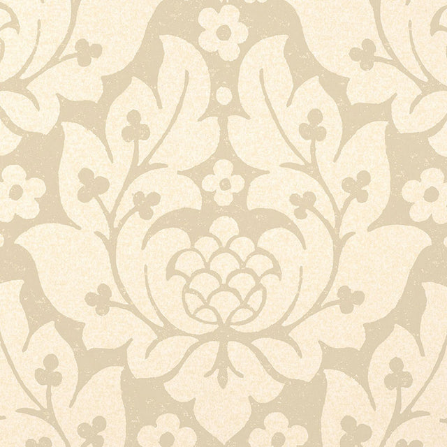 Fiore Damask Linen wallpaper by Schumacher, featuring a classic damask floral pattern in neutral tones.
