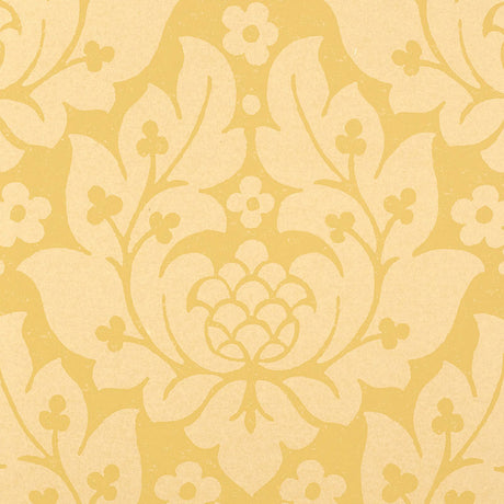 Fiore Damask wallpaper in Buttercup yellow by Schumacher, featuring a classic damask floral pattern.