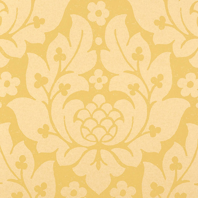 Fiore Damask wallpaper in Buttercup yellow by Schumacher, featuring a classic damask floral pattern.