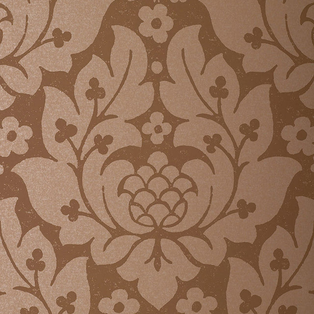 Fiore Damask Mocha wallpaper with a classic damask floral pattern in warm brown tones by Schumacher.